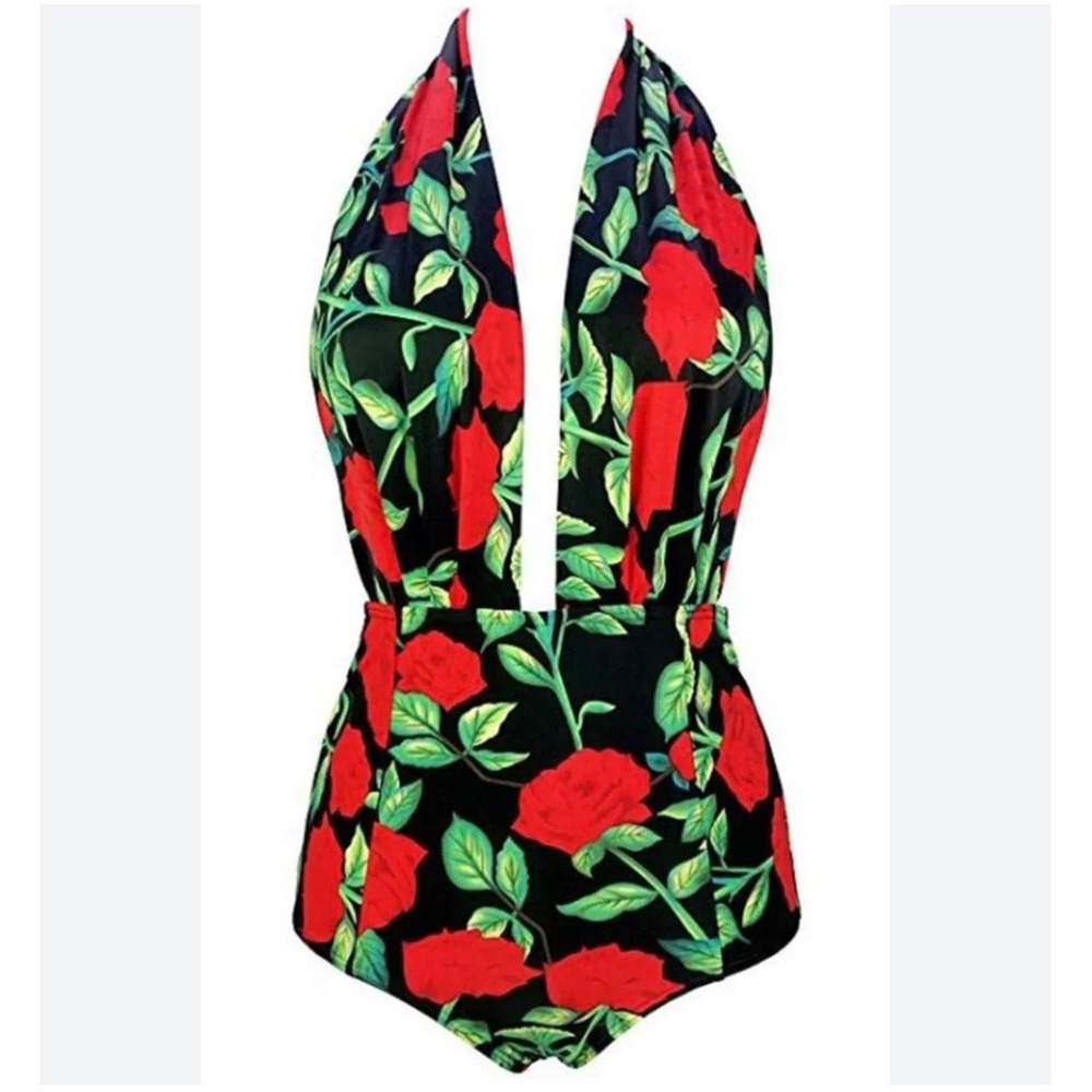 CocoShip Retro Pin Up Suit One Piece Swimsuit XL Rose Print Plunge Neckline